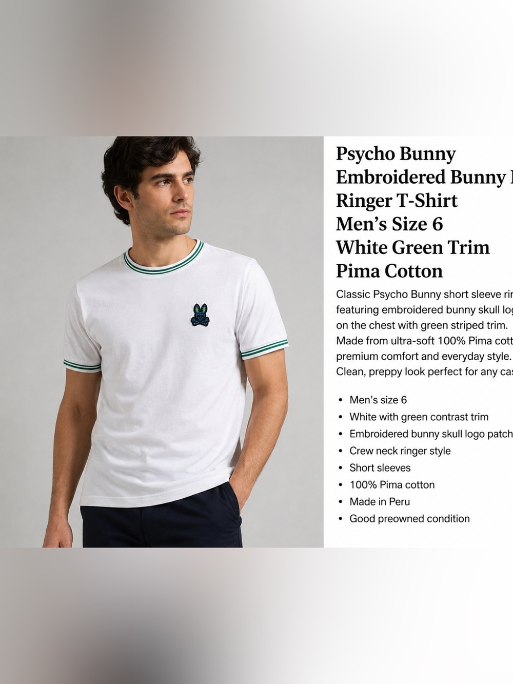 Psycho Bunny Embroidered Bunny Logo Ringer T-Shirt Men’s Size 6 White Green Trim
